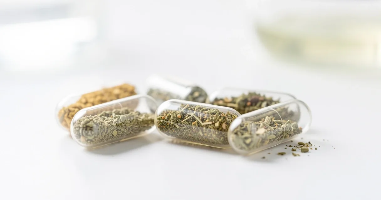 Natural supplement capsules on a white surface