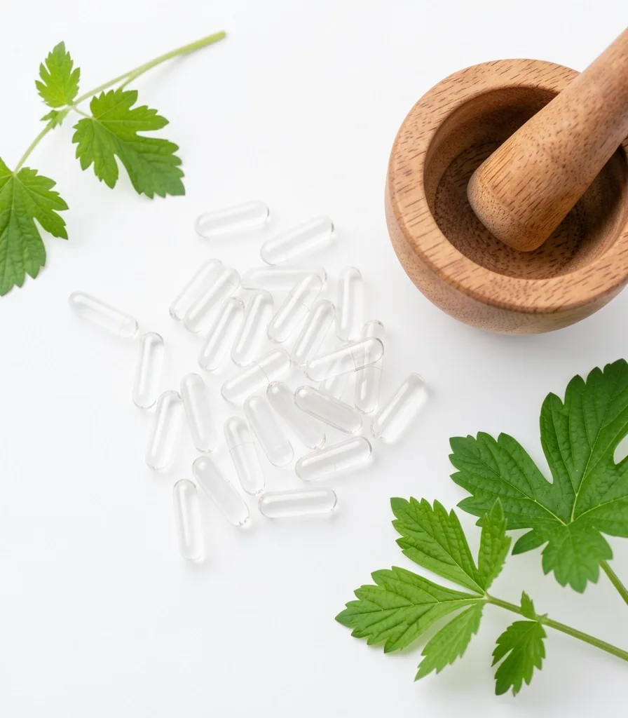 Natural supplement capsules and botanical ingredients on a clean surface