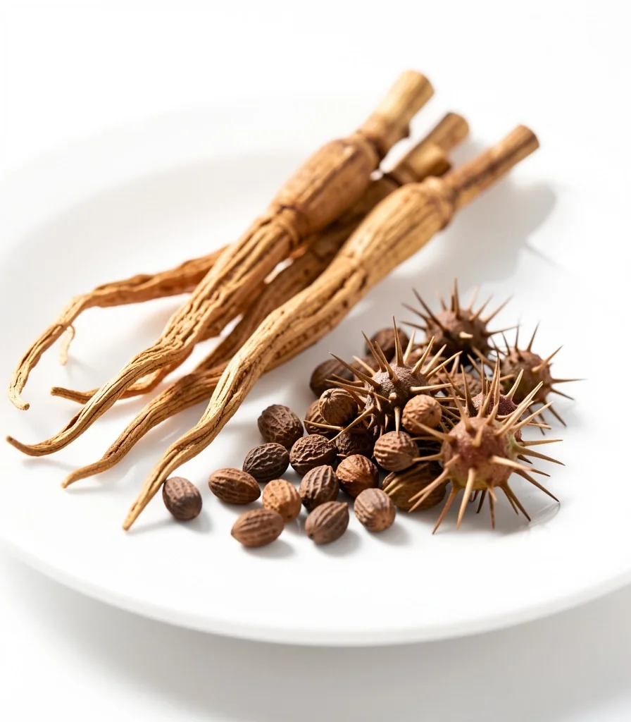 Dried ginseng roots arranged on a white ceramic surface