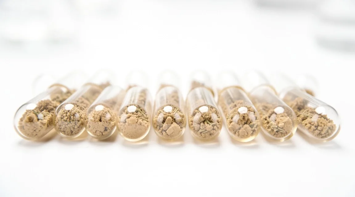 Natural supplement capsules arranged on a clean white surface