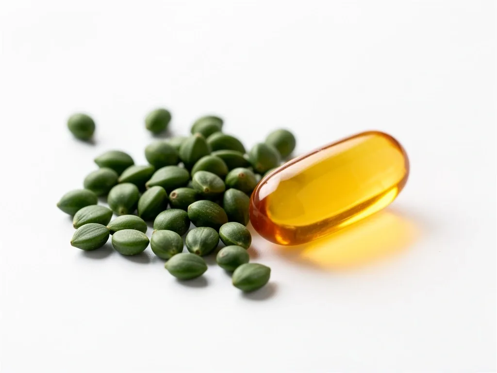 Grape seeds and a vitamin E capsule on a white surface