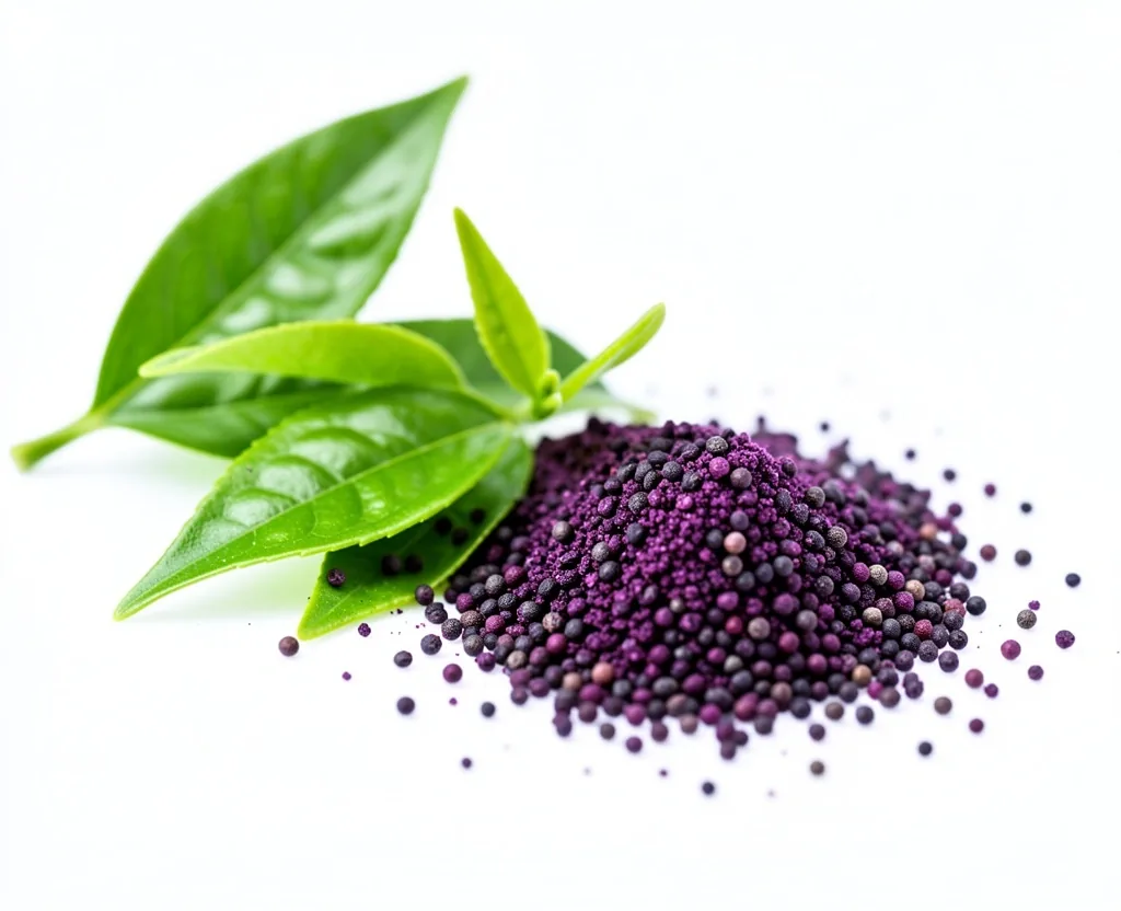 Green tea leaves and grape seed extract powder on a white surface