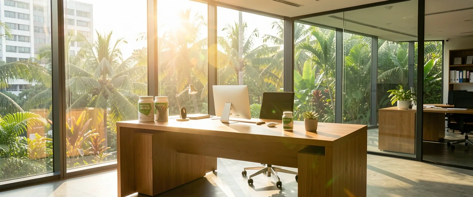 Tropical sunlight streaming through an office window