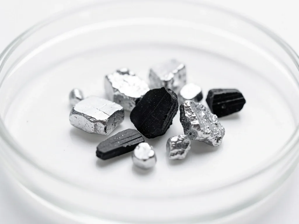 Zinc and selenium mineral crystals on a laboratory dish