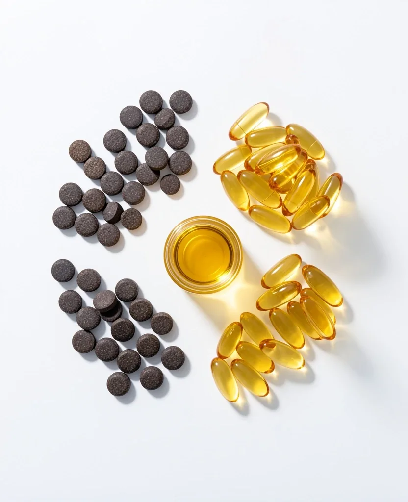 Natural supplement capsules on a clinical surface
