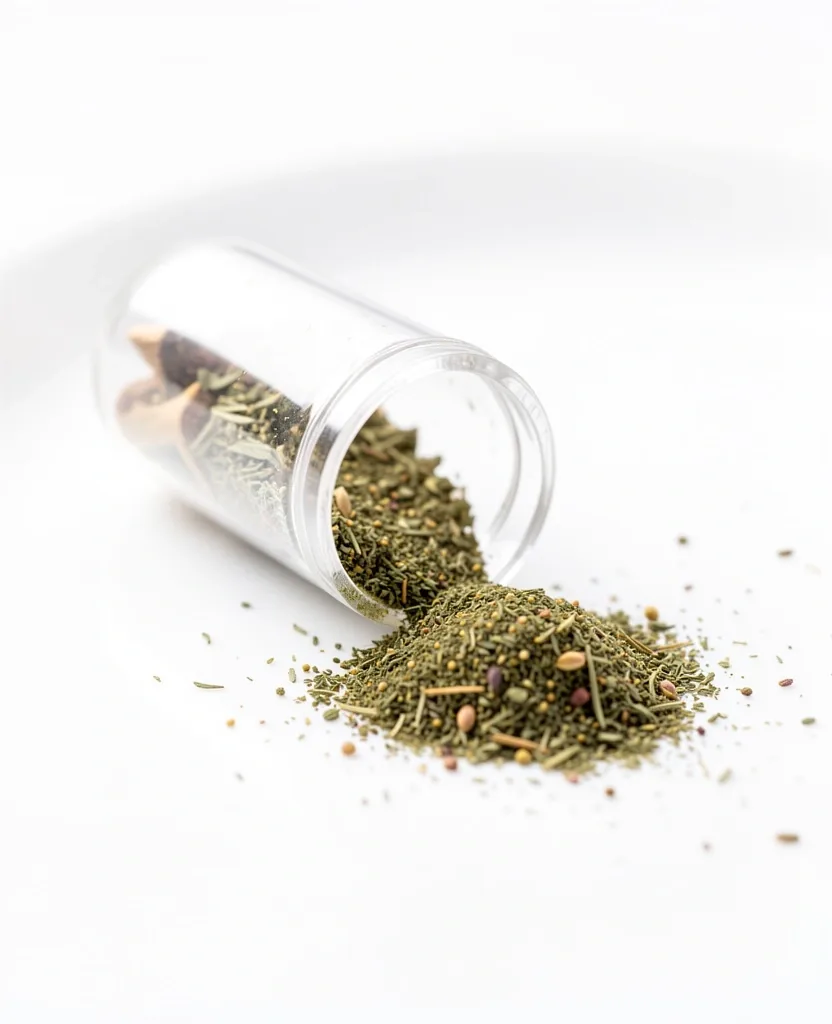 Open capsule with herbal powder on a clean surface