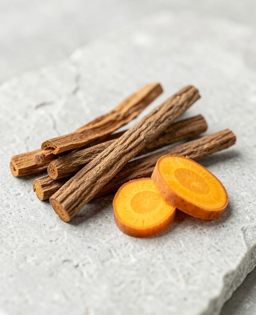 Dried botanical root ingredients on a clean surface