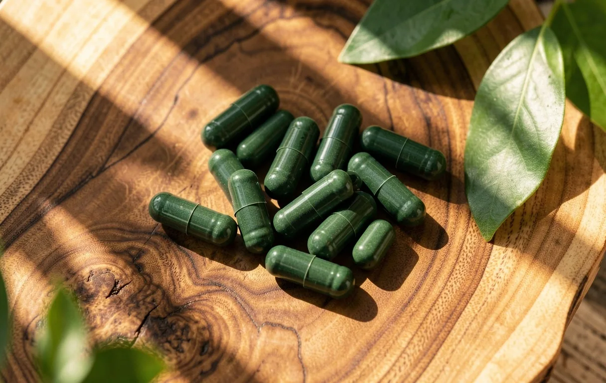 Natural supplement capsules on a clean surface